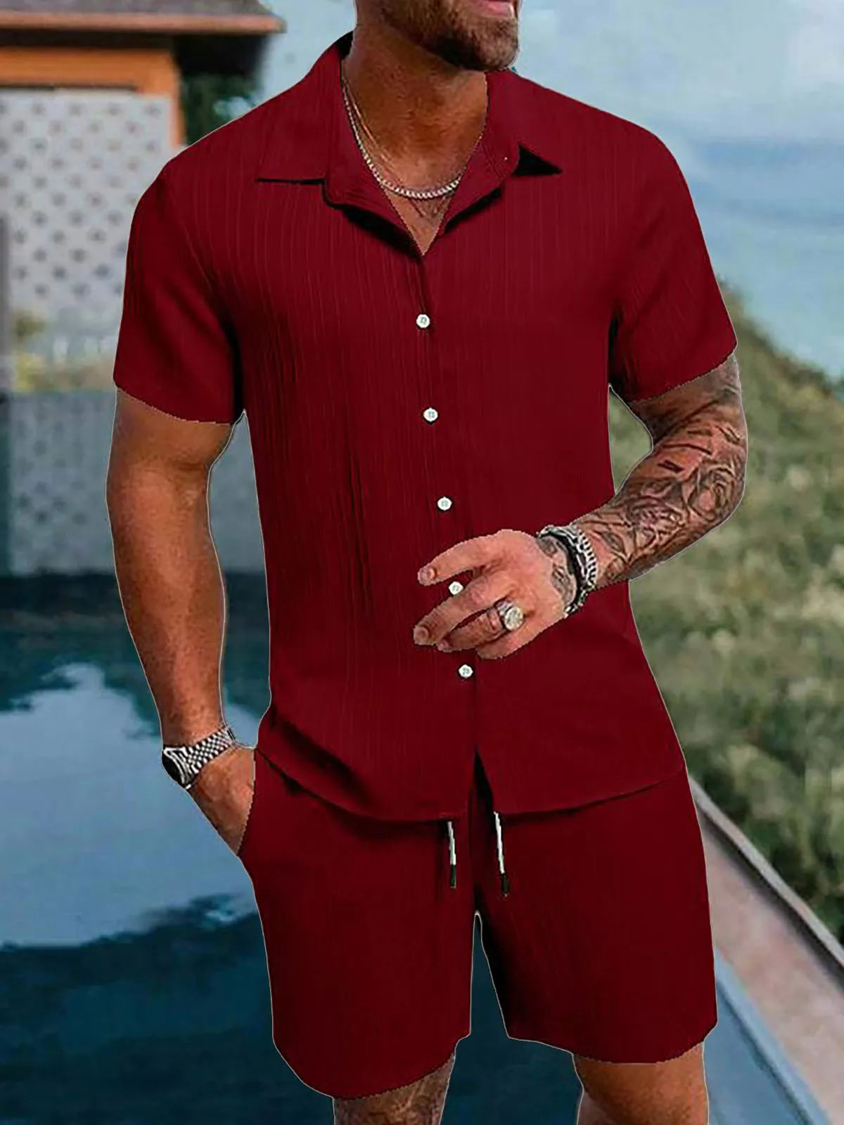 Herren Kurzarm Hemd Set Grün mit Shorts Strukturmuster Freizeit Zweiteiler Sommer Outfit