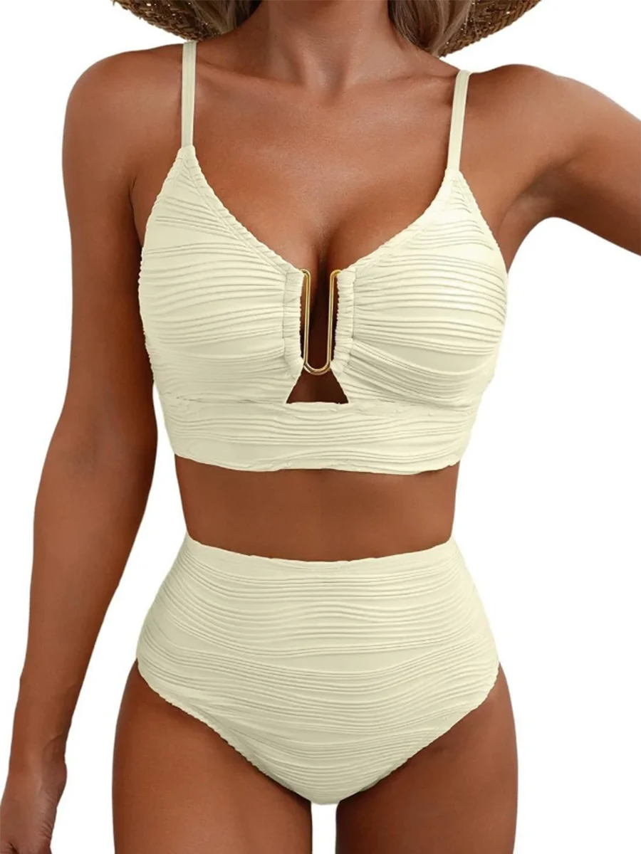 Damen High-Waist Bikini Einfarbig U-Draht Bademode Sommer Strand Badeanzug