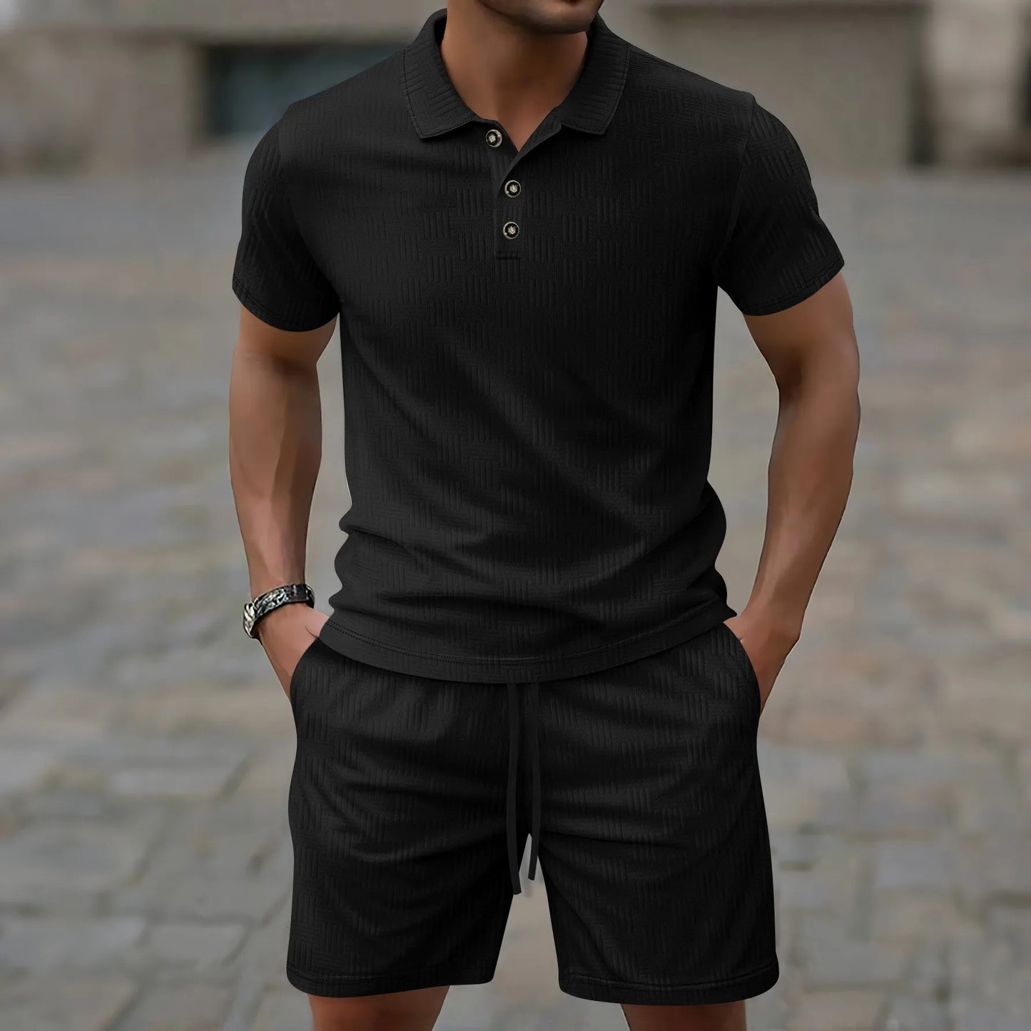 Herren Kurzarm Polo-Set Creme mit Shorts Strukturmuster Freizeit Zweiteiler Sommer Outfit