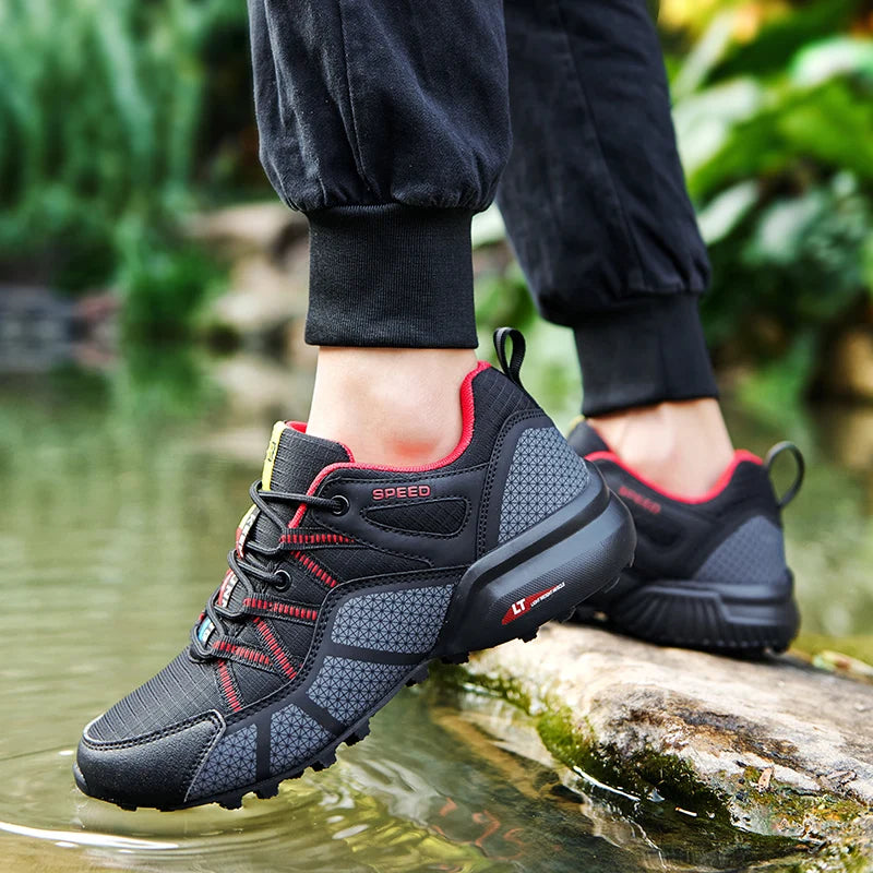 Herren Schwarz Grau rutschfest Outdoor Wanderschuhe mit Schnürung und griffiger Sohle