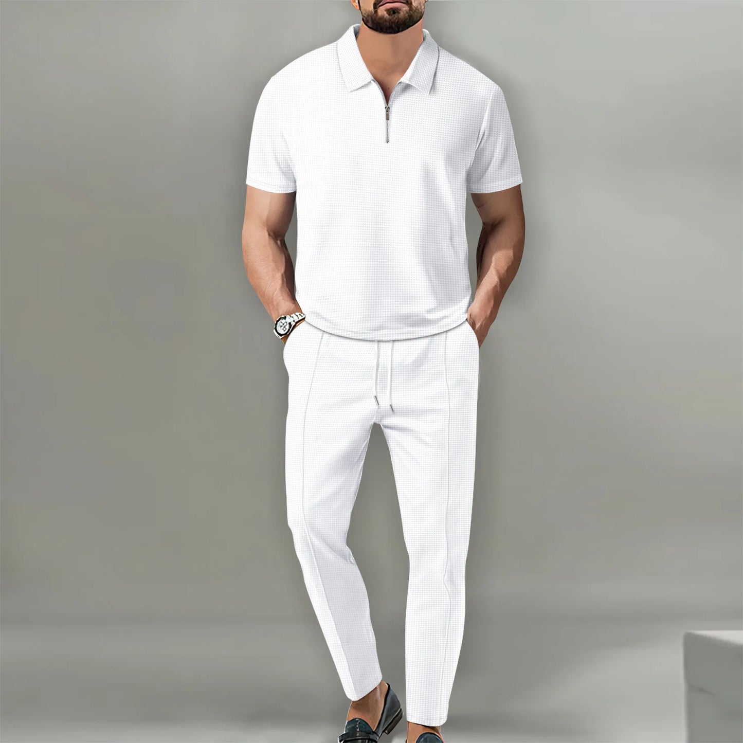 Herren Polo Set Creme mit Shorts Kurzarm Reißverschluss Strukturmuster Freizeit Zweiteiler Sommer