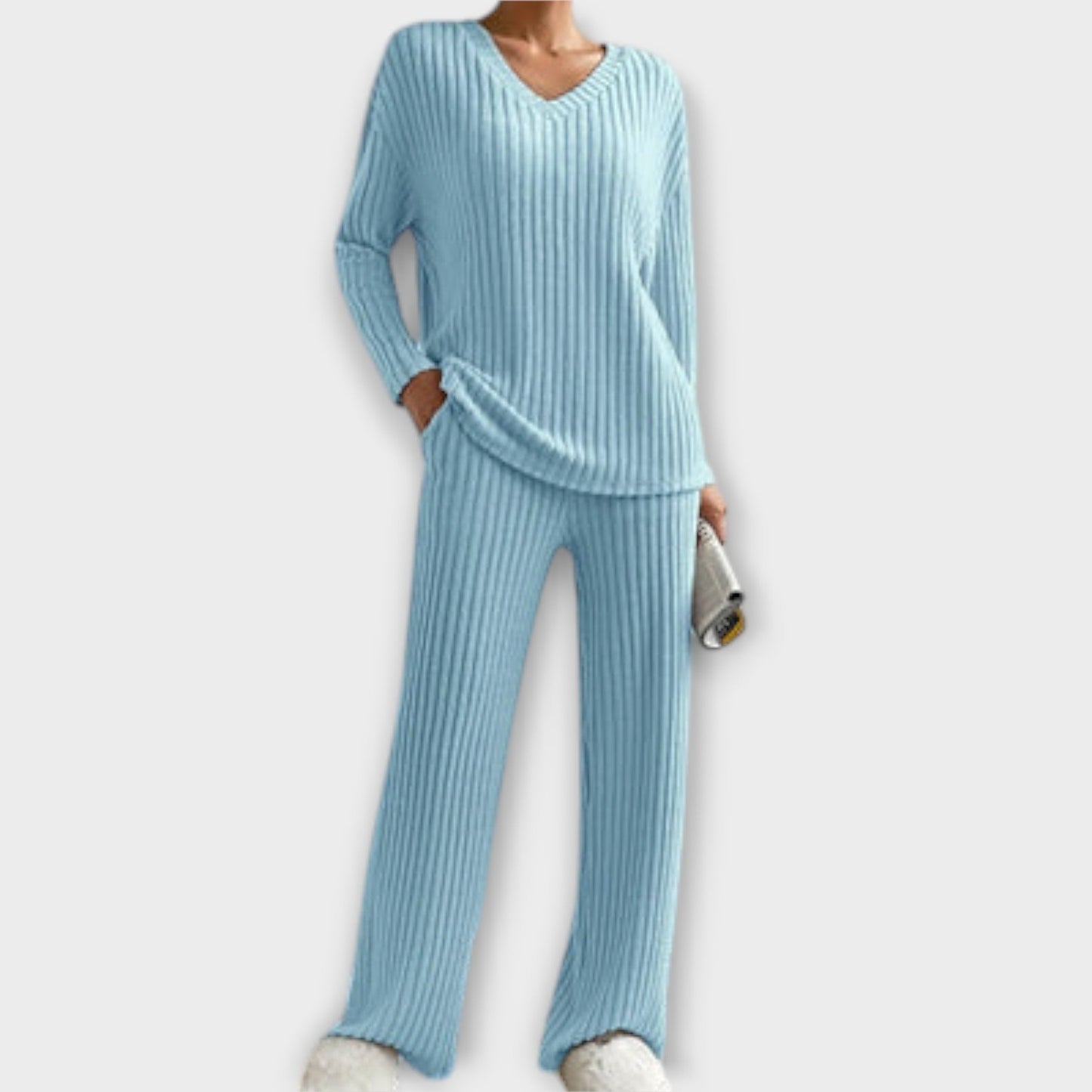 Damen Zweiteiler Regular Fit Geripptes Oberteil mit V-Ausschnitt Hose Elastischer Bund Casual Lounge Set 2-teilig