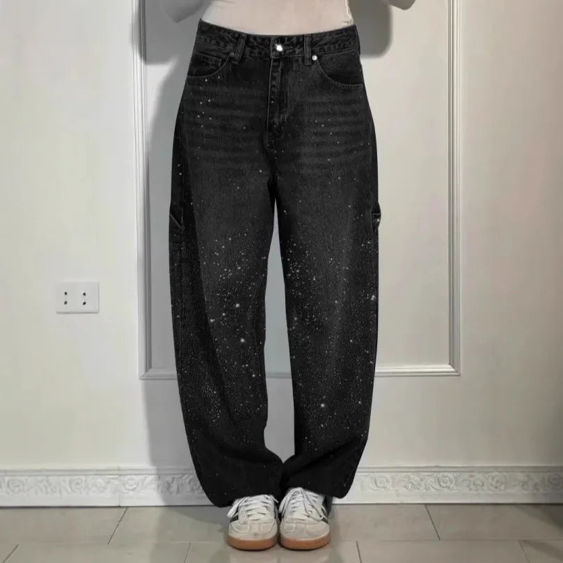 Damen Wide-Leg-Jeans High Waist mit Sternen und Hot-Diamond-Details Modische Casual Jeans