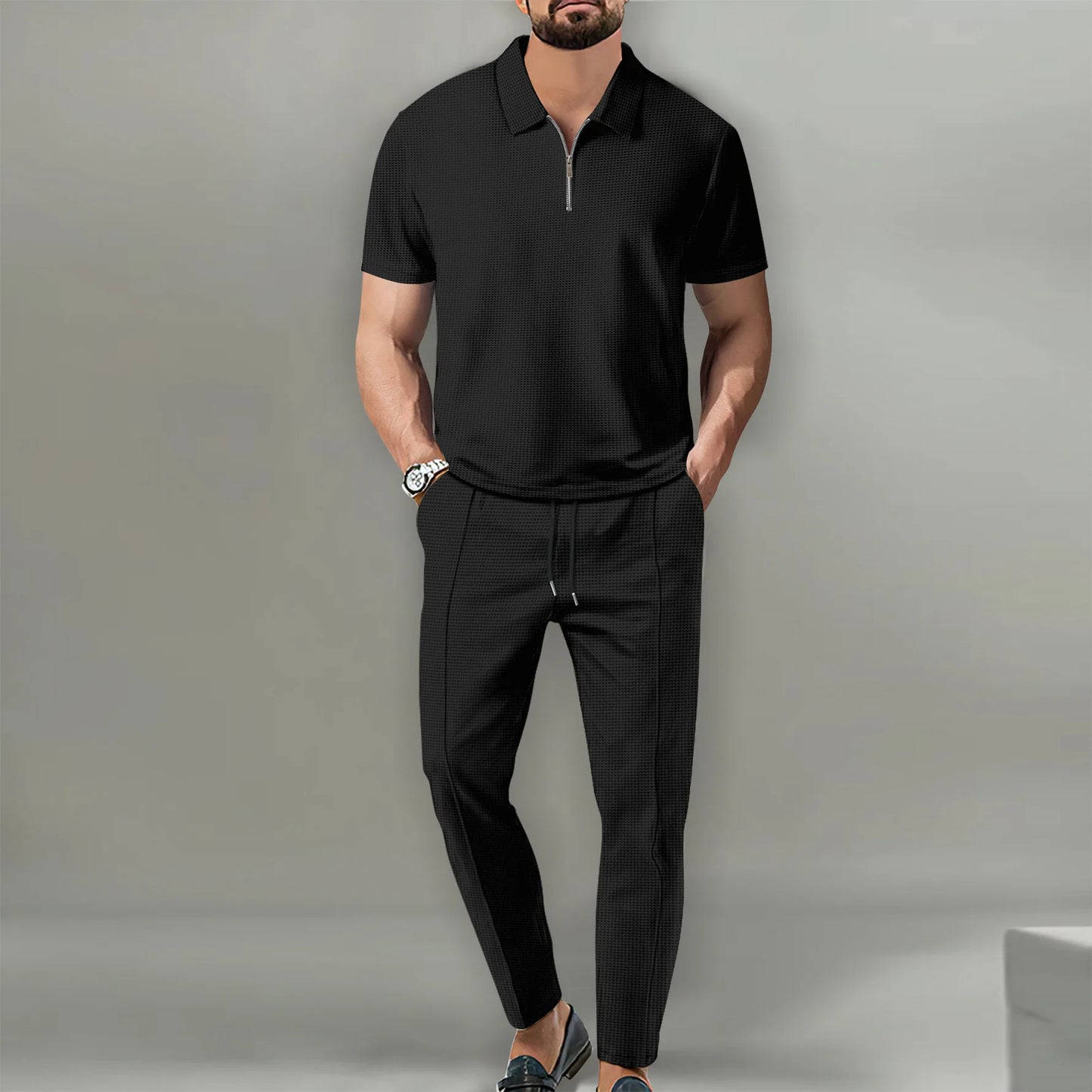 Herren Polo Set Creme mit Shorts Kurzarm Reißverschluss Strukturmuster Freizeit Zweiteiler Sommer