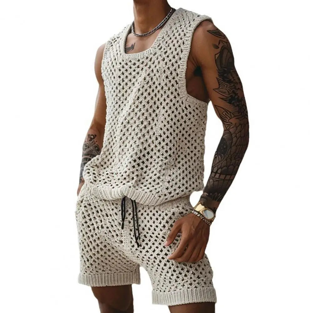 Herren Strick Zweiteiler Creme ärmelloses Tanktop mit Shorts Lochmuster Freizeit Sommer Set