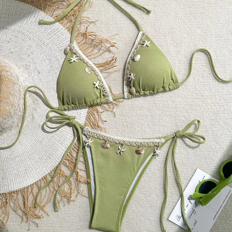 Damen Triangel Bikini Neckholder Muschel Seestern Zweiteilige Strand Bademode