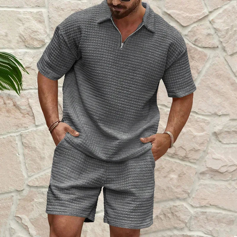 Herren Kurzarm Polo-Set Olivgrün mit Shorts Strukturmuster Reißverschluss atmungsaktiv Freizeit Zweiteiler