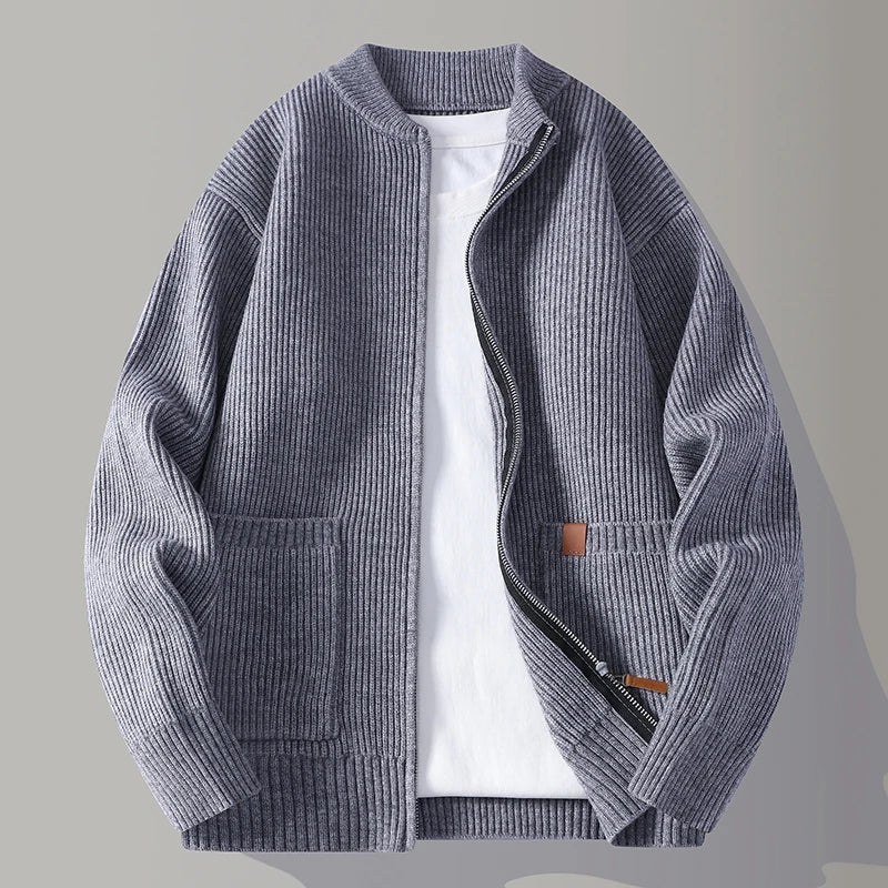 Herren Rippstrick Cardigan Reißverschluss Kragenlos Regular Fit Strickjacke Taschen Alltag Basic