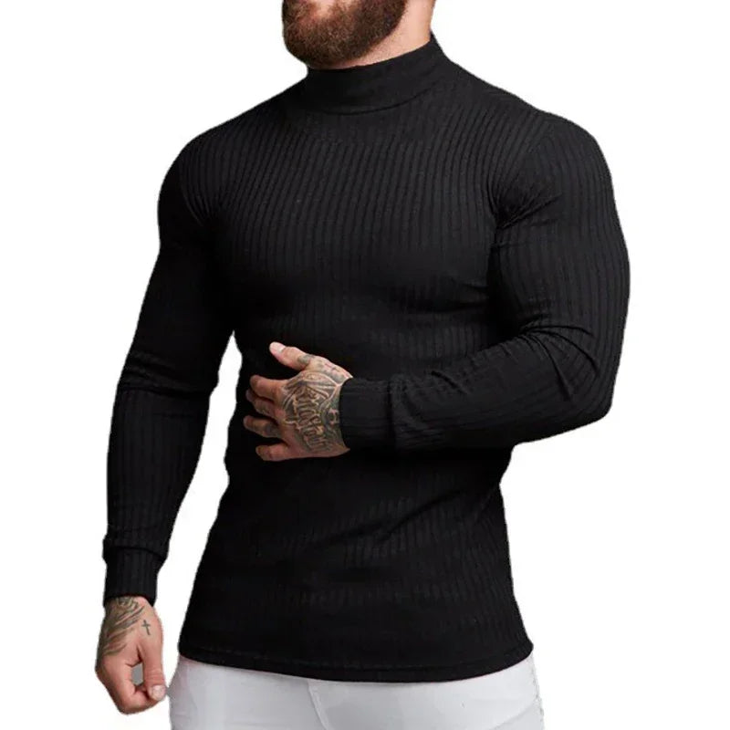 Herren Rollkragen Shirt Slim Fit Langarm Strickshirt Atmungsaktiv Schnelltrocknend für Gym Fitness Bodybuilding