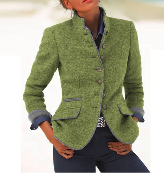 Damen Blazer Tailliert Elegant Knöpfe Kontrastpaspel Büro Freizeit Business Chic Figurbetont Klassisch