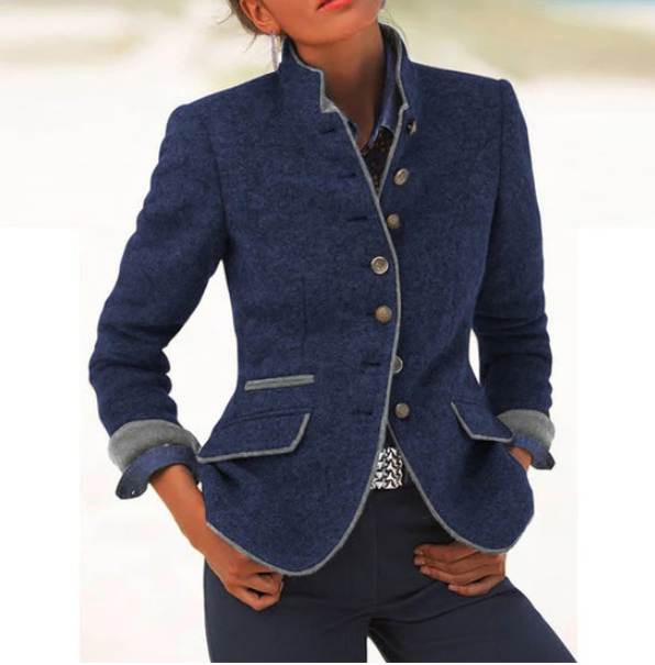 Damen Blazer Tailliert Elegant Knöpfe Kontrastpaspel Büro Freizeit Business Chic Figurbetont Klassisch