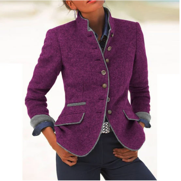 Damen Blazer Tailliert Elegant Knöpfe Kontrastpaspel Büro Freizeit Business Chic Figurbetont Klassisch