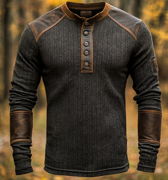Herren Henley Pullover Vintage Look Knopfleiste Slim Fit Langarm strukturiert