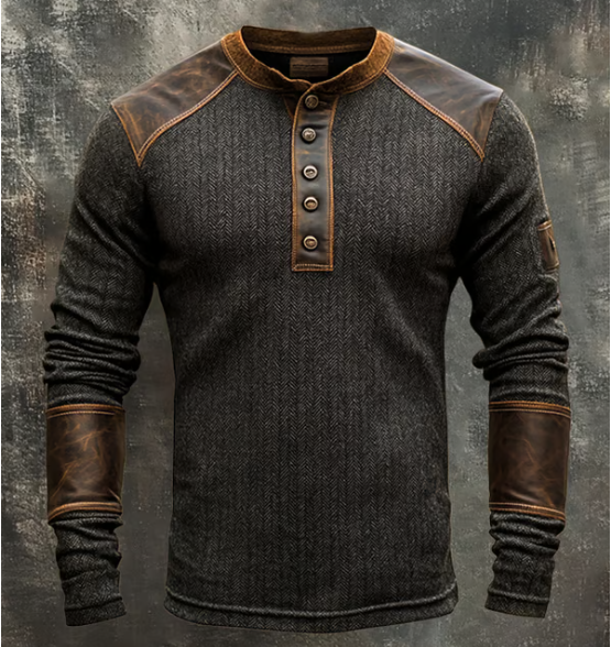 Herren Henley Pullover Vintage Look Knopfleiste Slim Fit Langarm strukturiert