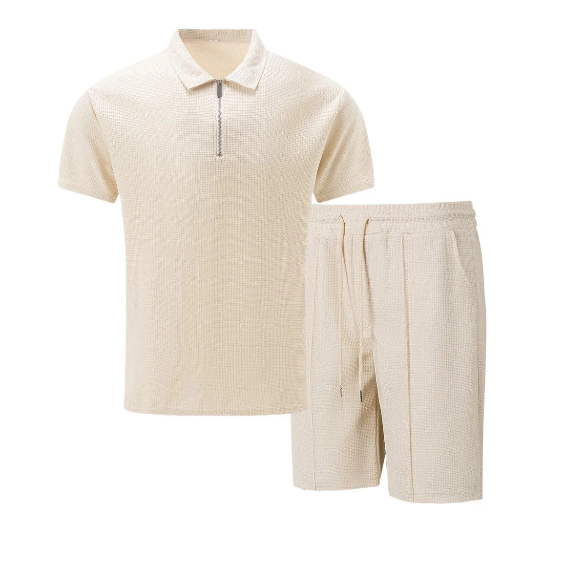 Herren Polo Set Creme mit Shorts Kurzarm Reißverschluss Strukturmuster Freizeit Zweiteiler Sommer