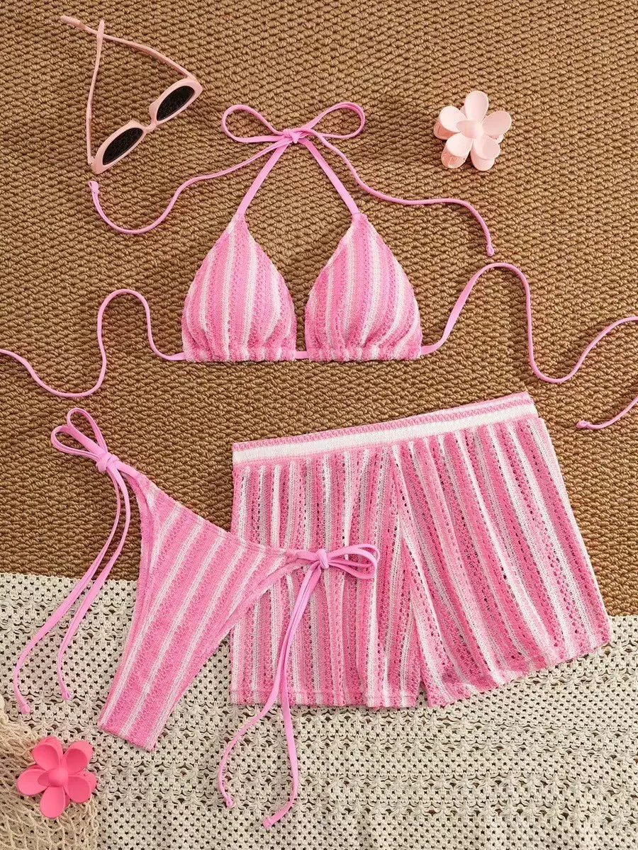 Damen Bikini Set Boxershorts Mesh Schnürung Ausschnitt Dreiteilige Bademode