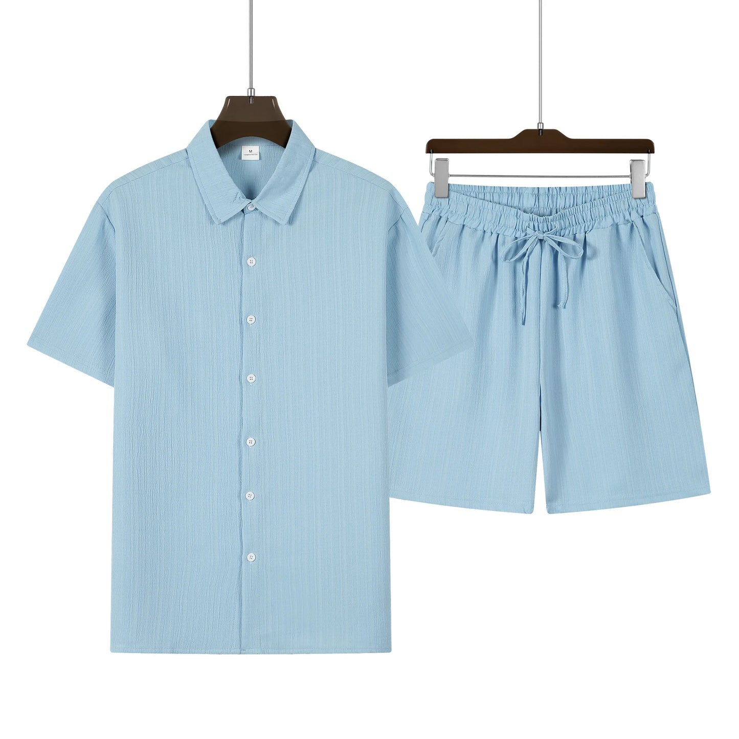 Herren Kurzarm Hemd Set Hellblau mit Shorts Freizeit Zweiteiler Sommer Outfit Knopfleiste