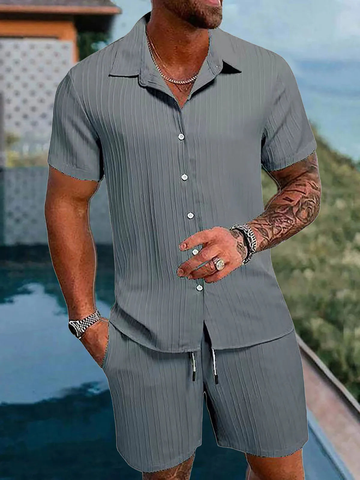 Herren Kurzarm Hemd Set Grün mit Shorts Strukturmuster Freizeit Zweiteiler Sommer Outfit
