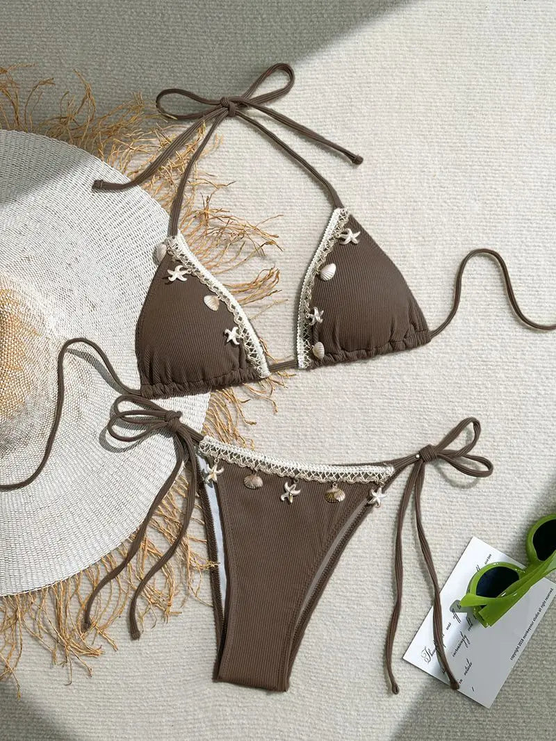 Damen Triangel Bikini Neckholder Muschel Seestern Zweiteilige Strand Bademode