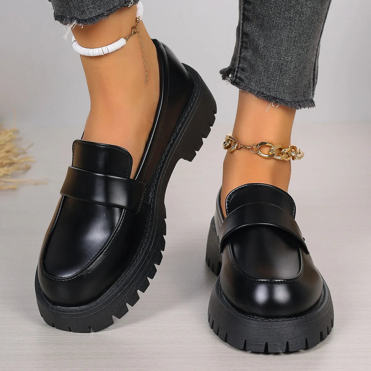 Damen Loafer Plattform Schwarz Plus Size Oxford Schuhe runde Kappe dicker Boden Slip-On