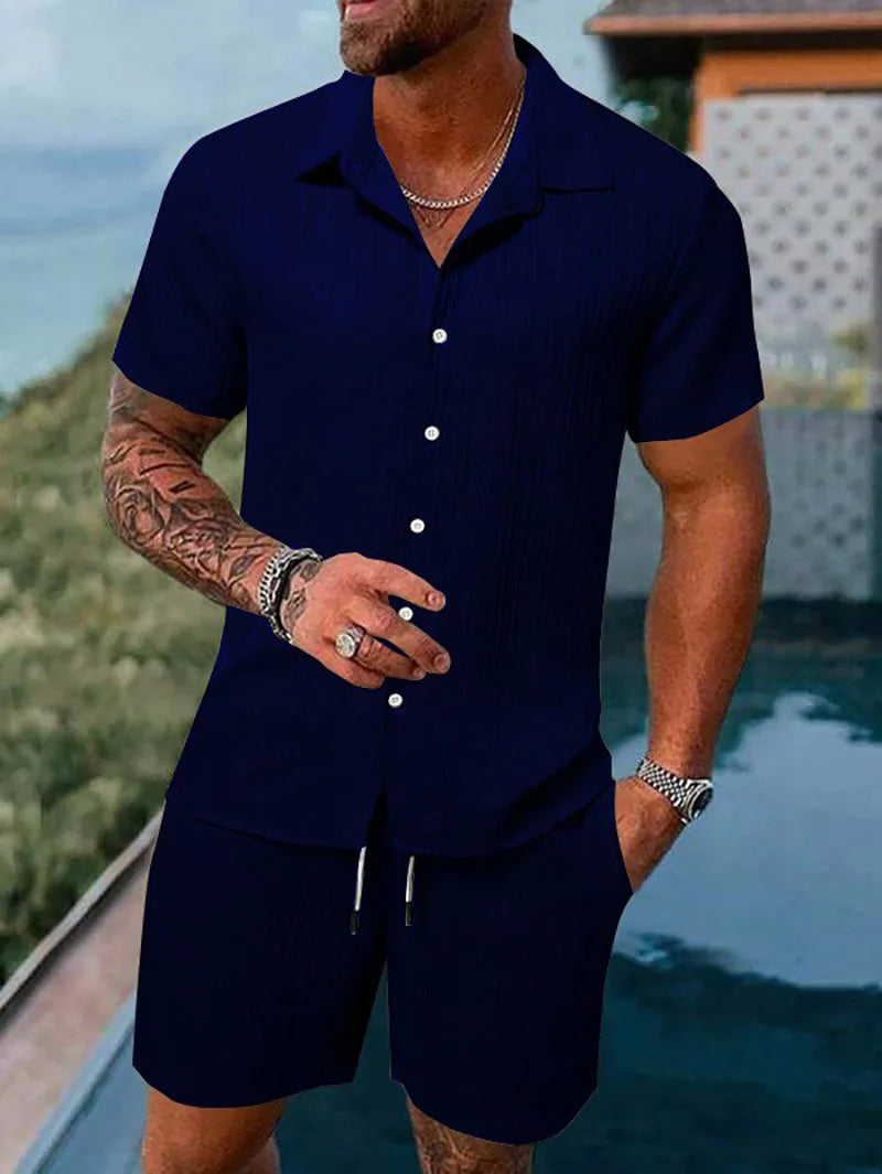 Herren Kurzarm Hemd Set Grün mit Shorts Strukturmuster Freizeit Zweiteiler Sommer Outfit