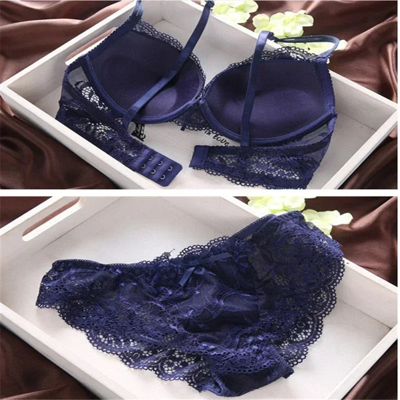 Damen Dessous Set dunkelblau Spitzen BH Slip Push-up transparent florales Design