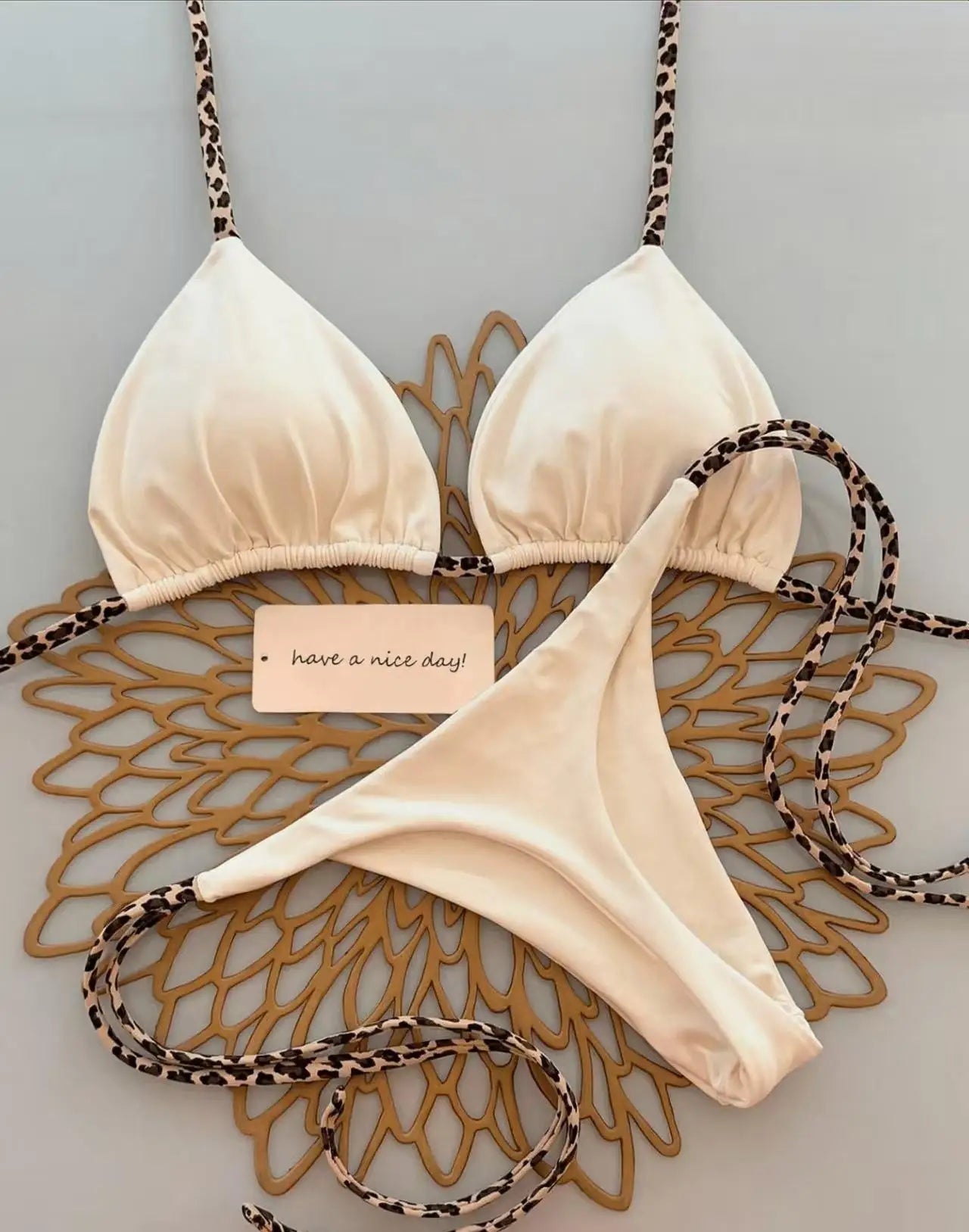 Damen Bikini-Set Leopardenmuster Tanga Bademode Strand Badeanzug