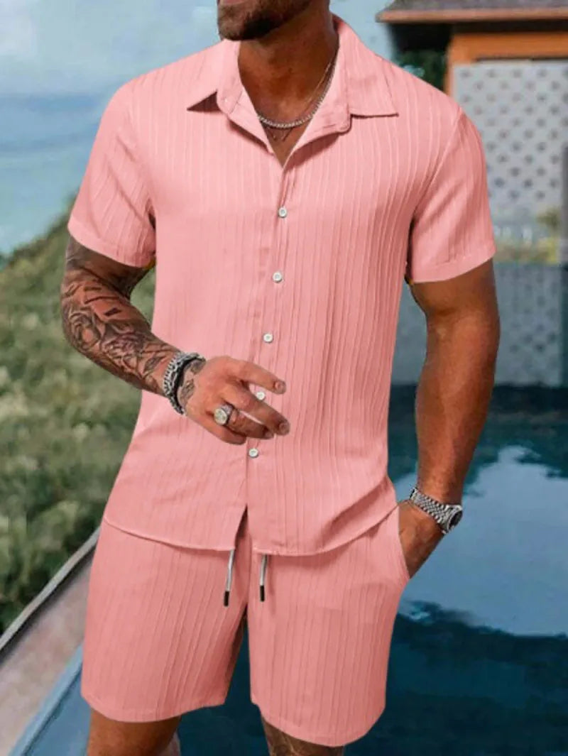 Herren Kurzarm Hemd Set Grün mit Shorts Strukturmuster Freizeit Zweiteiler Sommer Outfit