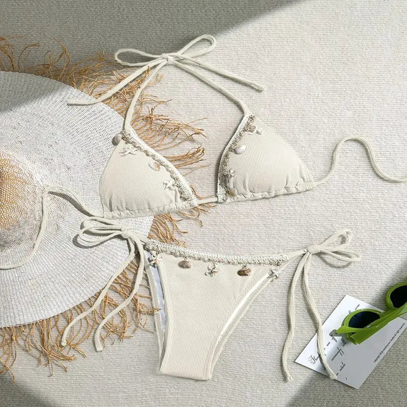Damen Triangel Bikini Neckholder Muschel Seestern Zweiteilige Strand Bademode