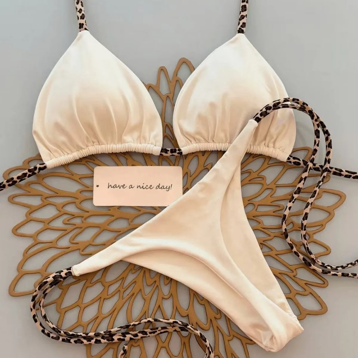 Damen Bikini-Set Leopardenmuster Tanga Bademode Strand Badeanzug