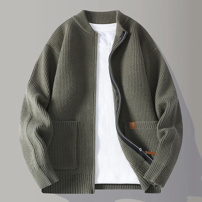 Herren Rippstrick Cardigan Reißverschluss Kragenlos Regular Fit Strickjacke Taschen Alltag Basic