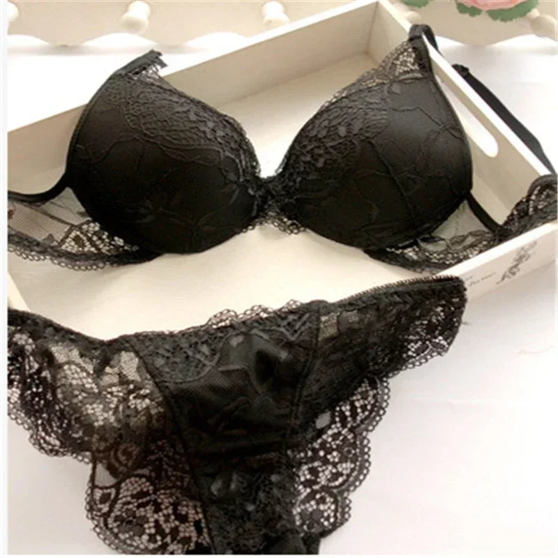 Damen Dessous Set dunkelblau Spitzen BH Slip Push-up transparent florales Design