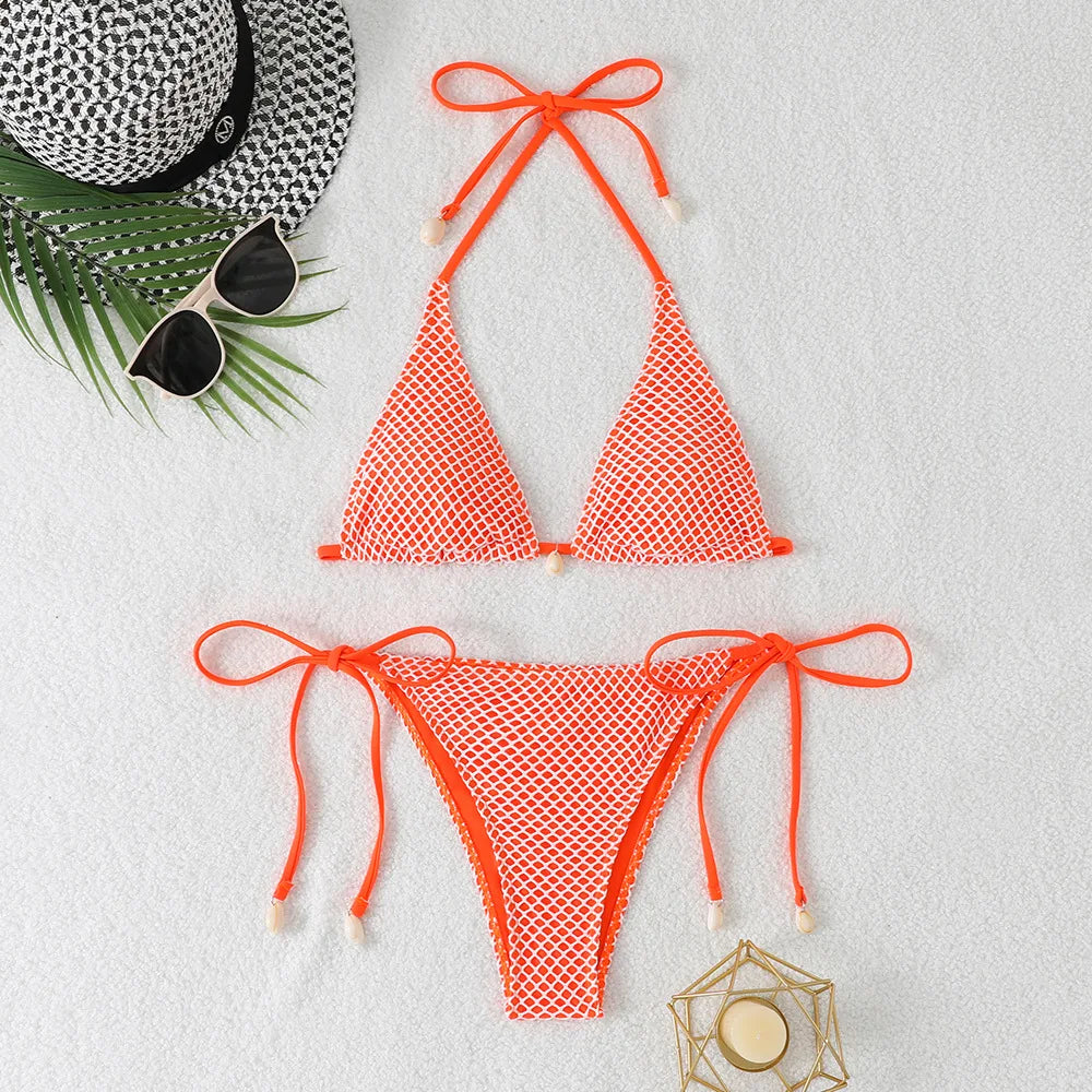 Damen Bikini Set Einfarbig Neckholder Schnürung Rückenfrei Tanga Bademode