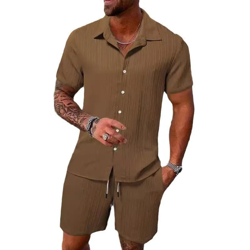 Herren Kurzarm Hemd Set Grün mit Shorts Strukturmuster Freizeit Zweiteiler Sommer Outfit