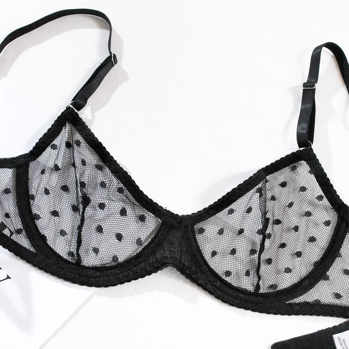 Damen Dessous Set Schwarz Transparenter Mesh BH Slip Gepunktet Verstellbare Träger Zweiteilig