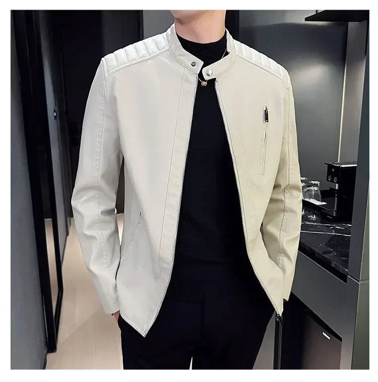 Herren Lederjacke Schwarz Slim Fit Elegant Klassisch Reißverschluss