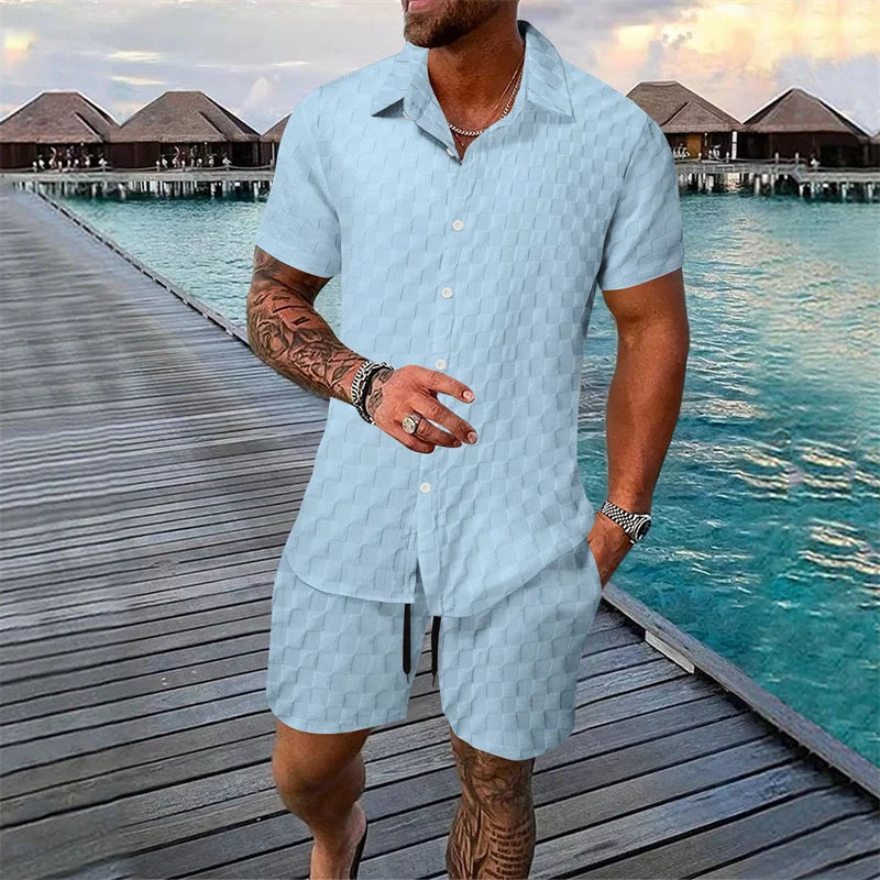 Herren Freizeit Set Hellblau Kurzarmhemd Shorts Strukturmuster Sommer Zweiteiler Knopfleiste Casual