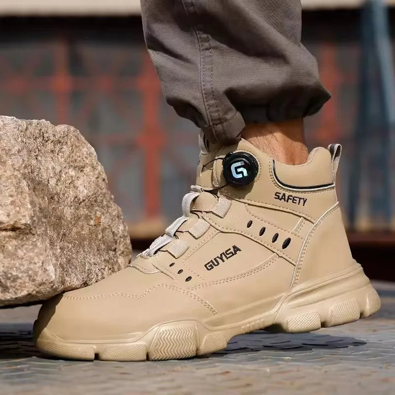Sicherheitsstiefel Beige mit Drehverschluss, rutschfeste Arbeitsschuhe mit Zehenschutz und durchtrittshemmender Sohle