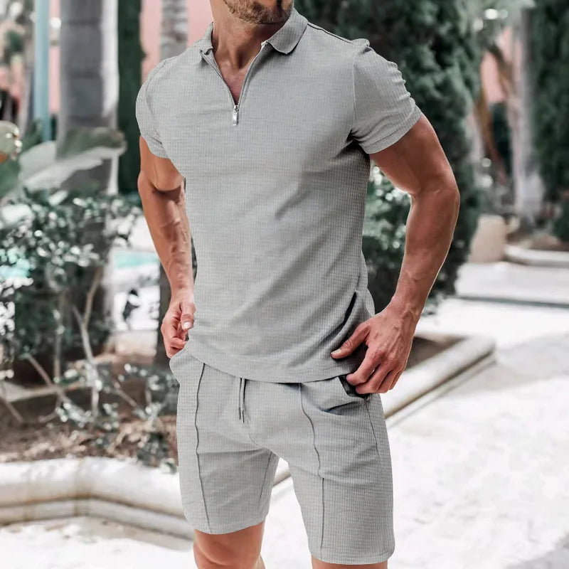 Herren Polo Set Creme mit Shorts Kurzarm Reißverschluss Strukturmuster Freizeit Zweiteiler Sommer