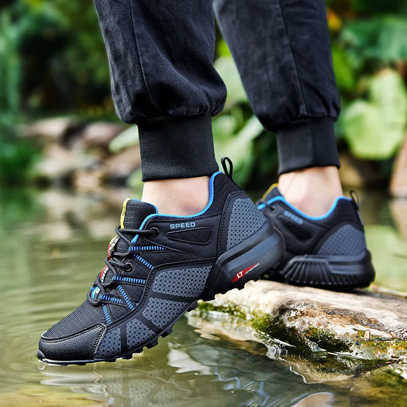 Herren Schwarz Grau rutschfest Outdoor Wanderschuhe mit Schnürung und griffiger Sohle