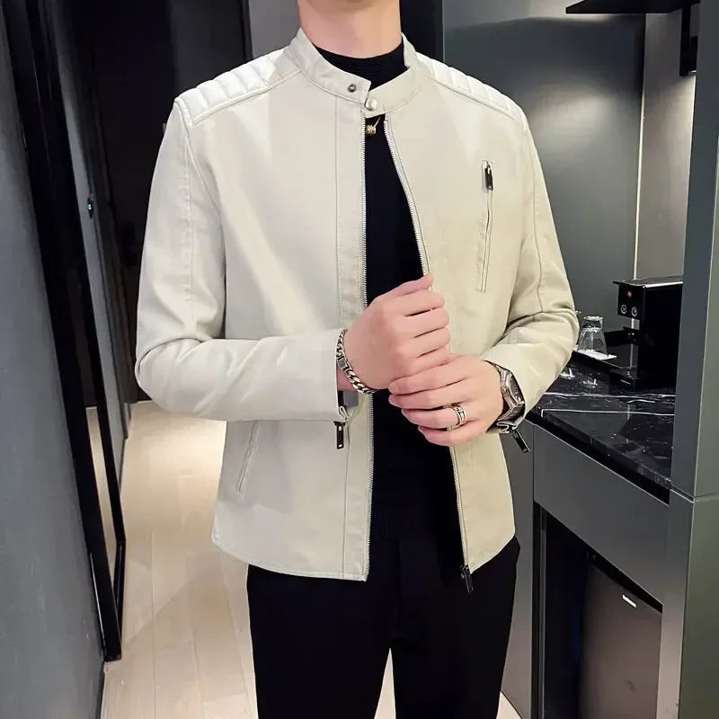 Herren Lederjacke Schwarz Slim Fit Elegant Klassisch Reißverschluss