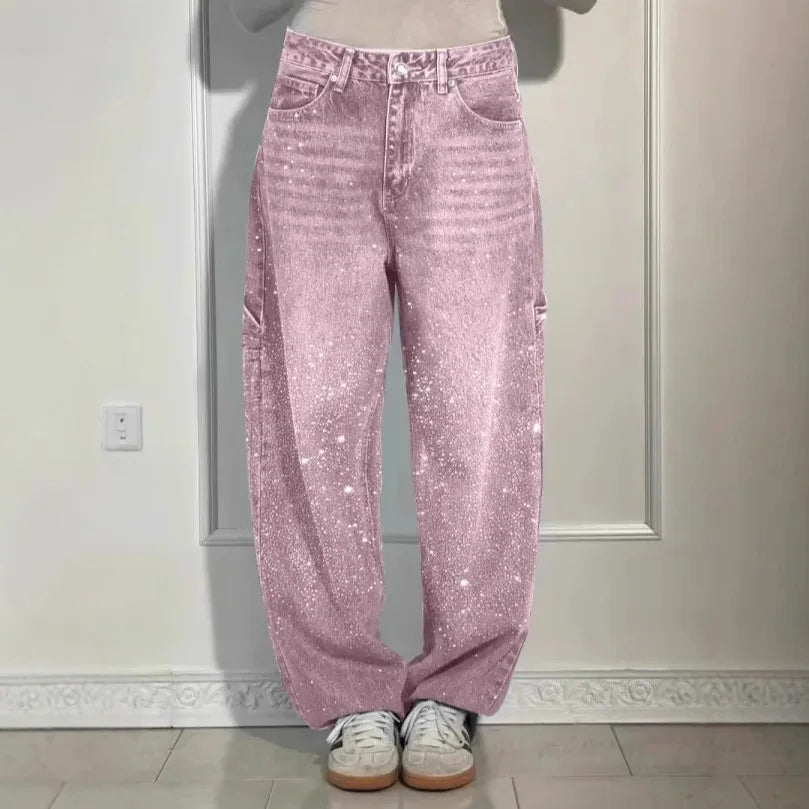 Damen Wide-Leg-Jeans High Waist mit Sternen und Hot-Diamond-Details Modische Casual Jeans