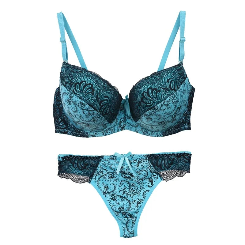Damen BH-Set Türkis Schwarz Push-up Dessous Set mit Spitze und verstellbaren Trägern