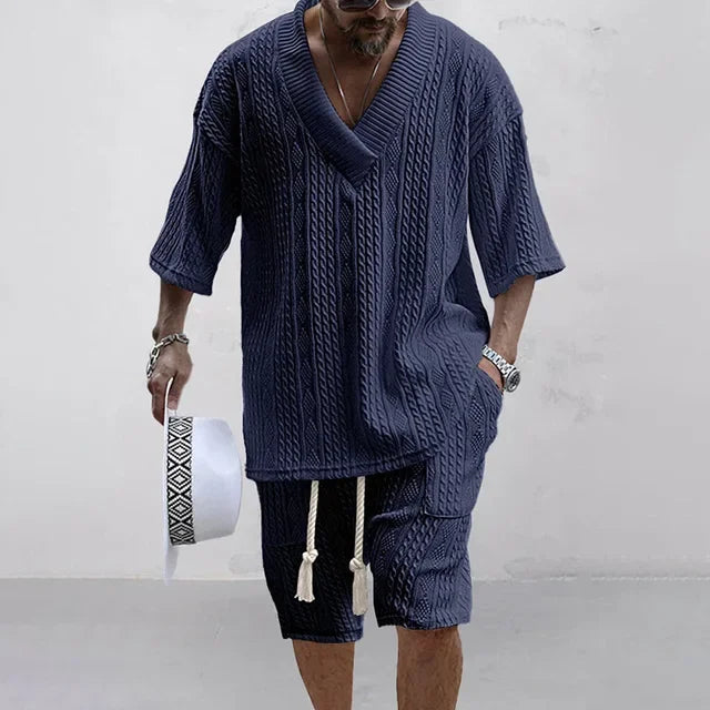 Herren Strick Zweiteiler Weiß V-Ausschnitt Kurzarm Shirt mit Shorts Strukturmuster Freizeit Sommer Set