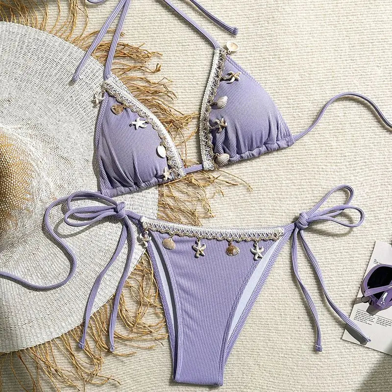 Damen Triangel Bikini Neckholder Muschel Seestern Zweiteilige Strand Bademode