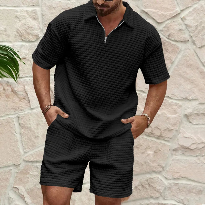 Herren Kurzarm Polo-Set Olivgrün mit Shorts Strukturmuster Reißverschluss atmungsaktiv Freizeit Zweiteiler