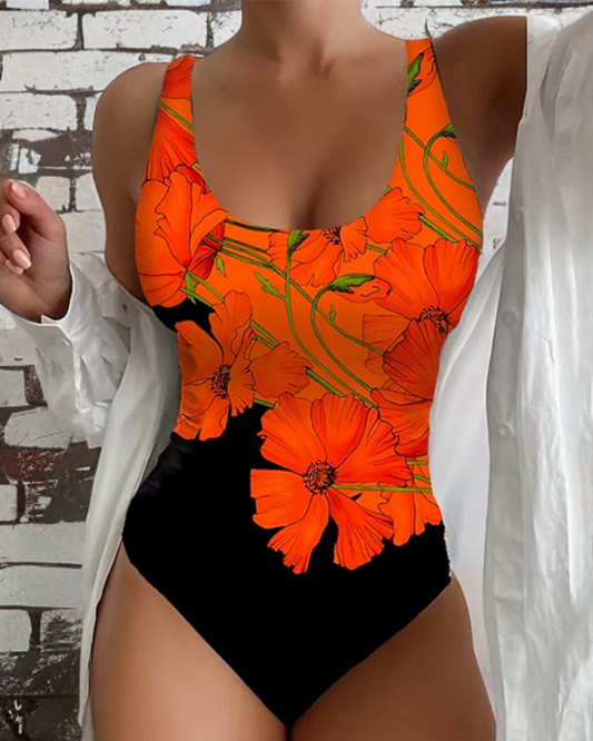 Damen Badeanzug floral Blumenmuster einteilig elastisch sommerlich für Strand Pool Urlaub