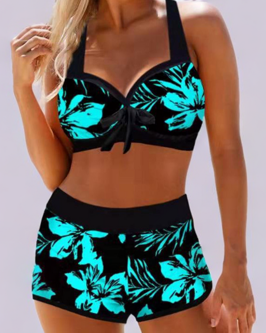 Damen Bikini hoher Bund floral Blumenmuster zweiteilig elastisch feminin für Strand Pool Urlaub