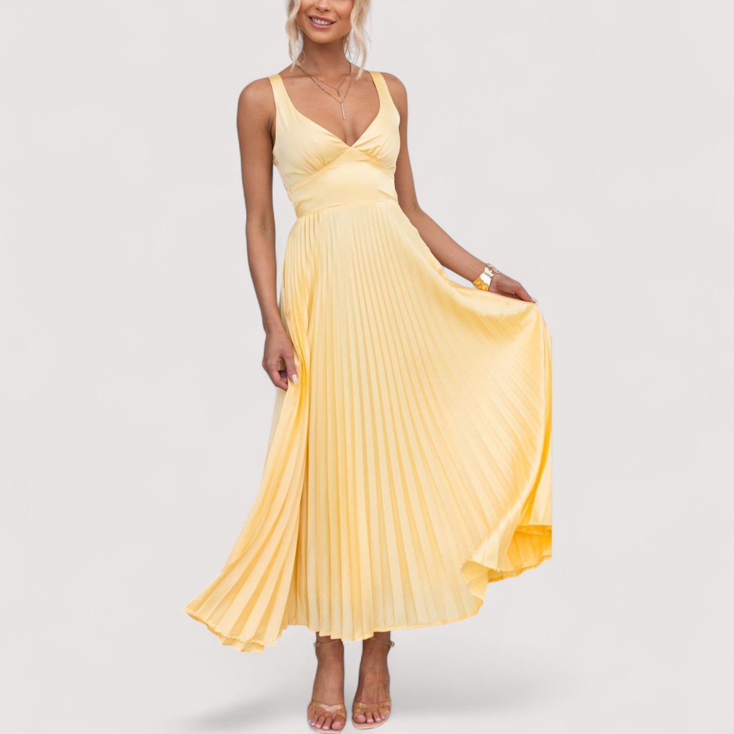 Damen Kleid V-Ausschnitt verstellbare Träger figurbetont fließend elegant