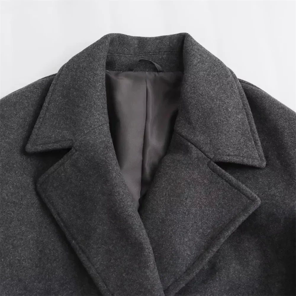Damen langer Mantel einfarbig zweireihig Reverskragen Langarm gerade Passform elegant